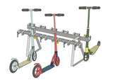 Scooter stand with 12 lockable spaces for scooters on both sides