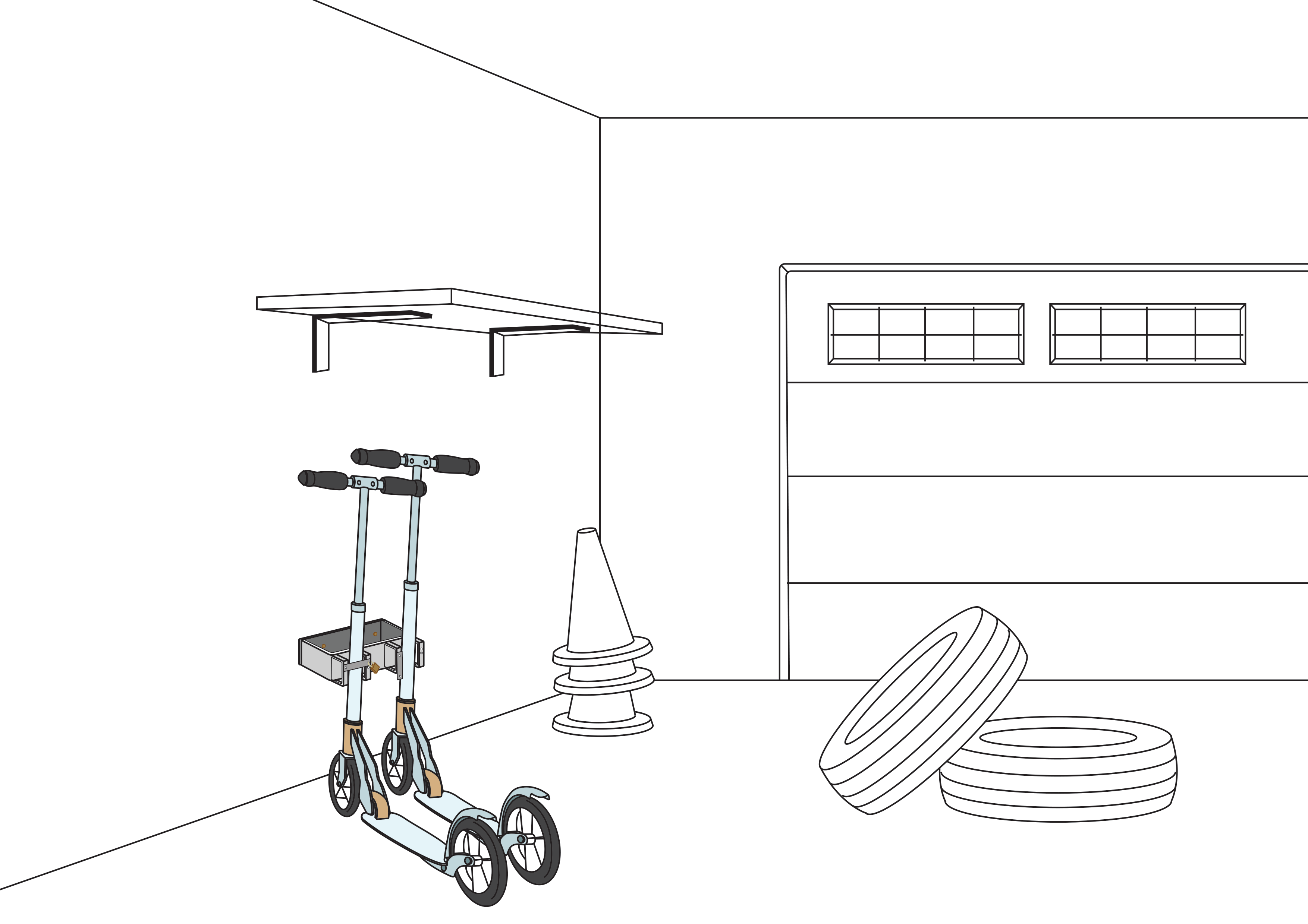 2 Stellplätze für Tretroller / Roller stehen nebeneinander und quer zur Wand