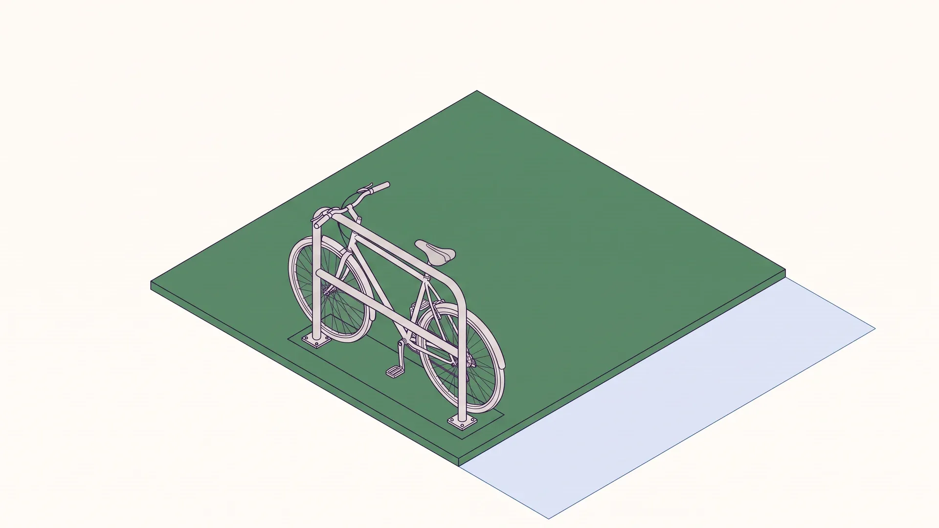 Bicycle at a tubular stand showing a narrow equipment outline, a green parking footprint and separate blue manoeuvring space