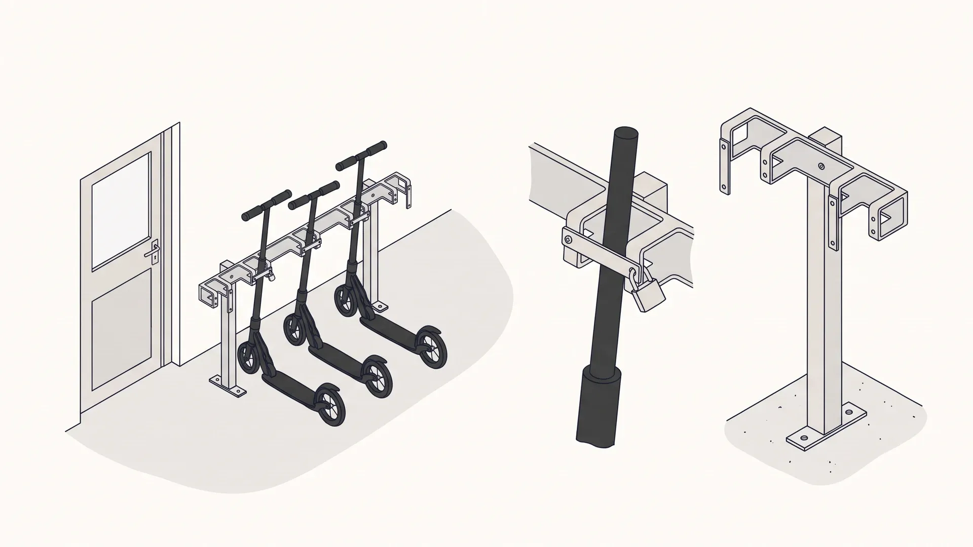 Schematische Rollerstop-RS-Anlagen für einsehbaren Standort, Schloss und Bodenbefestigung
