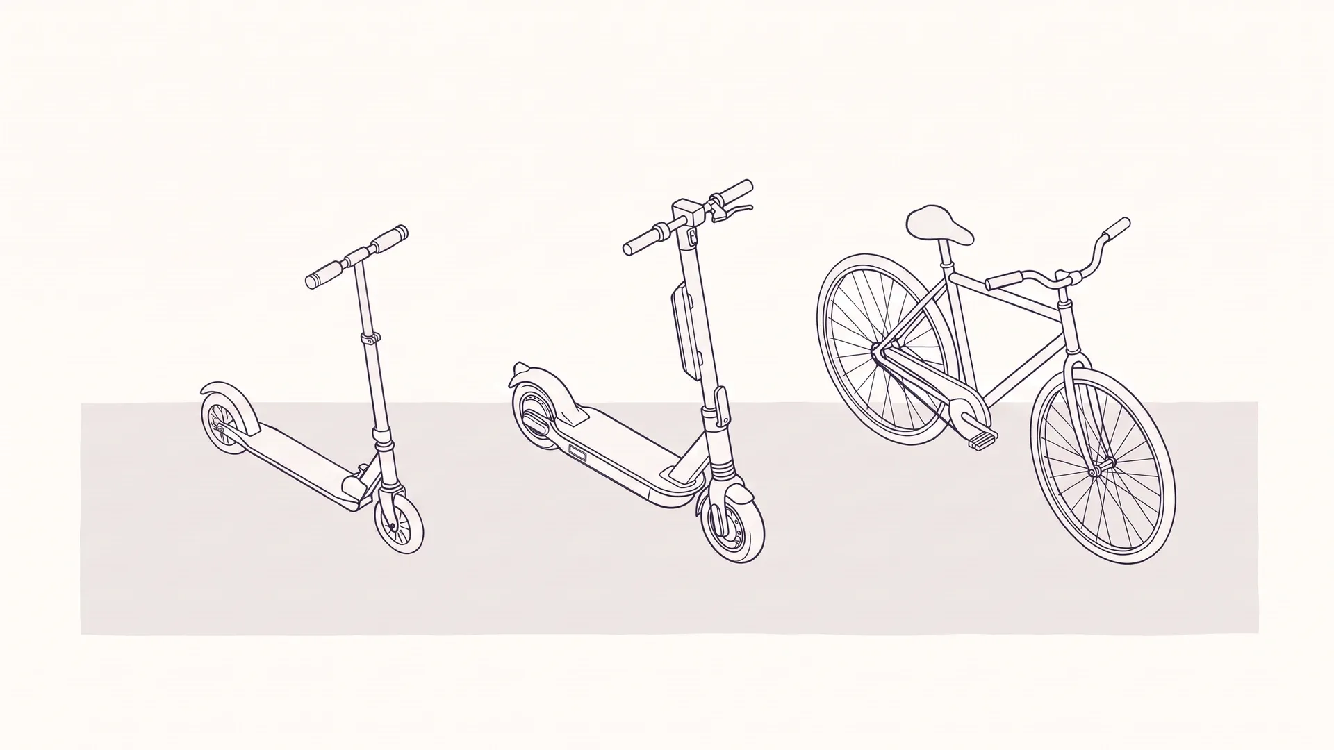 Drei Fahrzeuge ohne Ständer: links Tretroller, in der Mitte e-Scooter und rechts Fahrrad