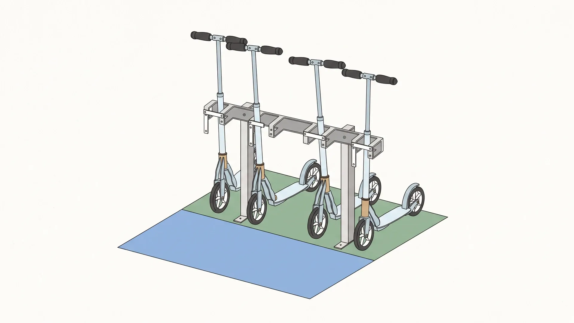 Tretroller an einer Rollerstop-RS-Anlage mit grüner Fahrzeugfläche und blauem Bewegungsraum