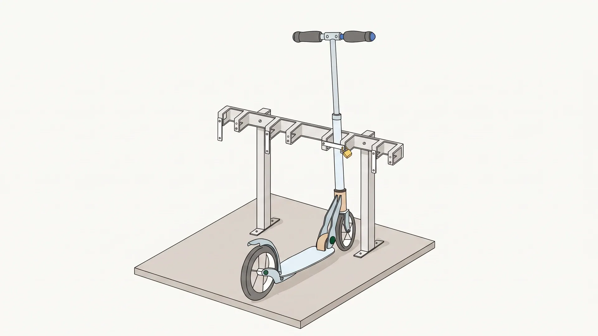 Illustration schématique d’un support Rollerstop RS avec une trottinette attachée, sur une surface aménagée