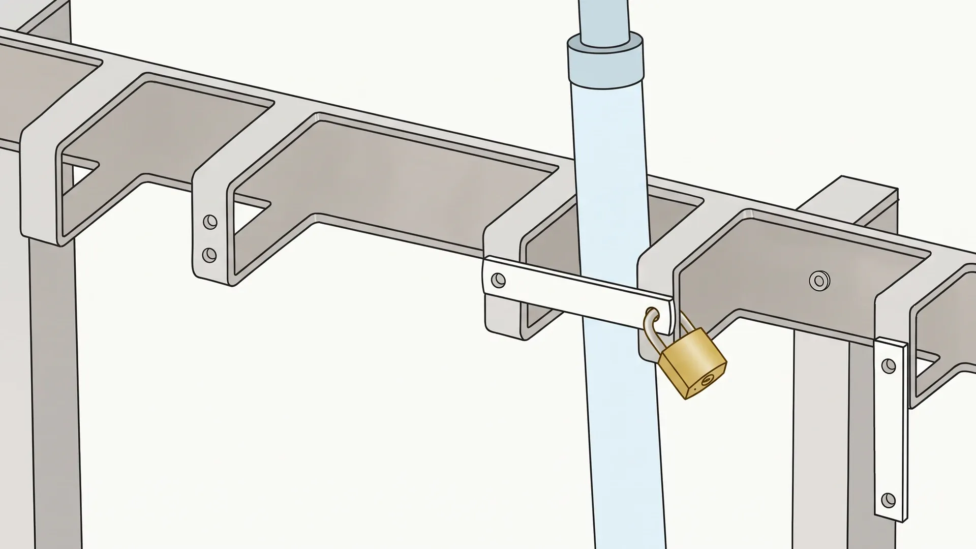 Détail d’un logement RS ouvert et d’un dispositif fermé par un cadenas autour d’une colonne de direction