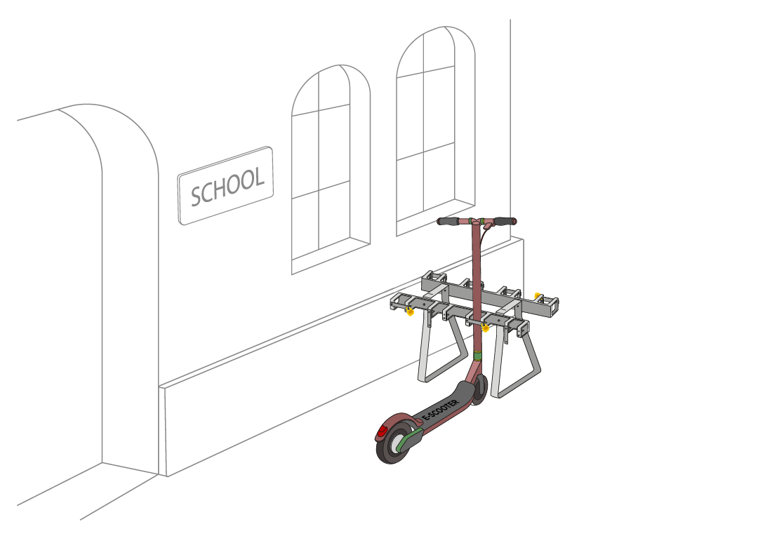 Scooter stand with 8 lockable parking spaces for e-scooters and kick scooters on both sides