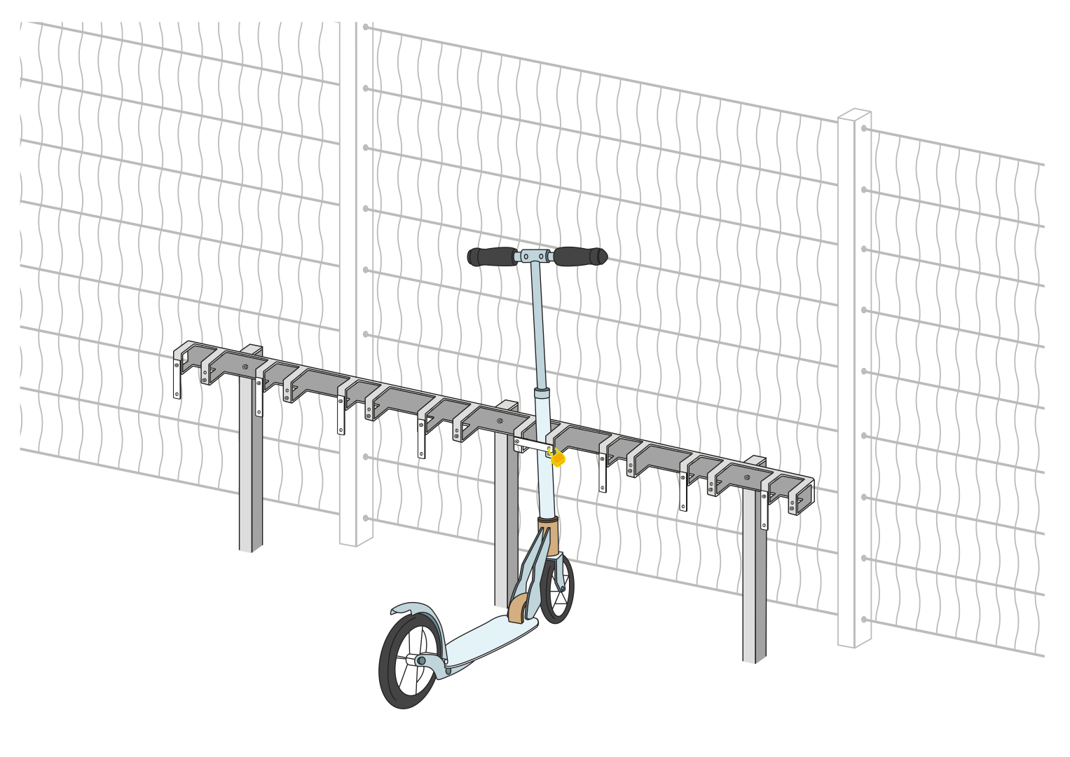 Scooter stand with 8 lockable spaces for scooters